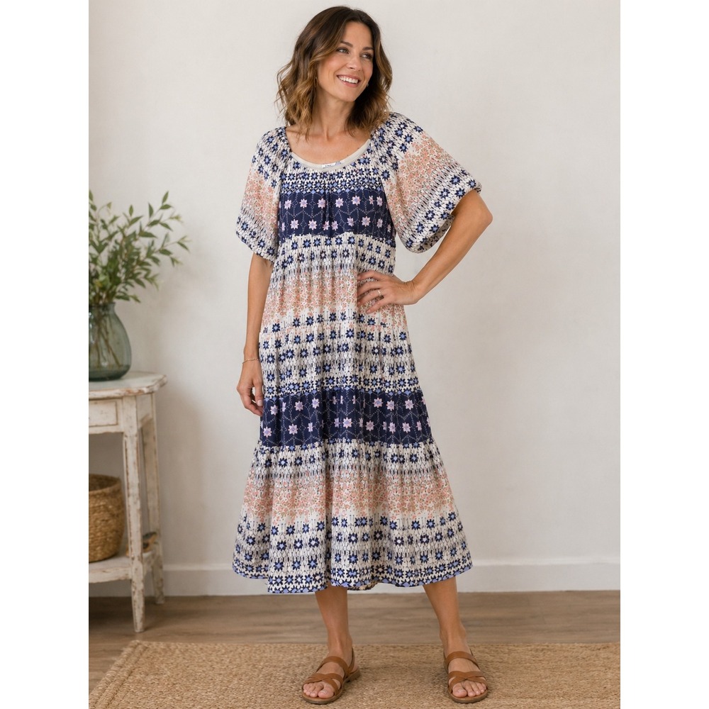 NWT DEX Maxi Dress 1X Navy Floral Boho Tiered Puff Elastic Sleeves Flowy Spring